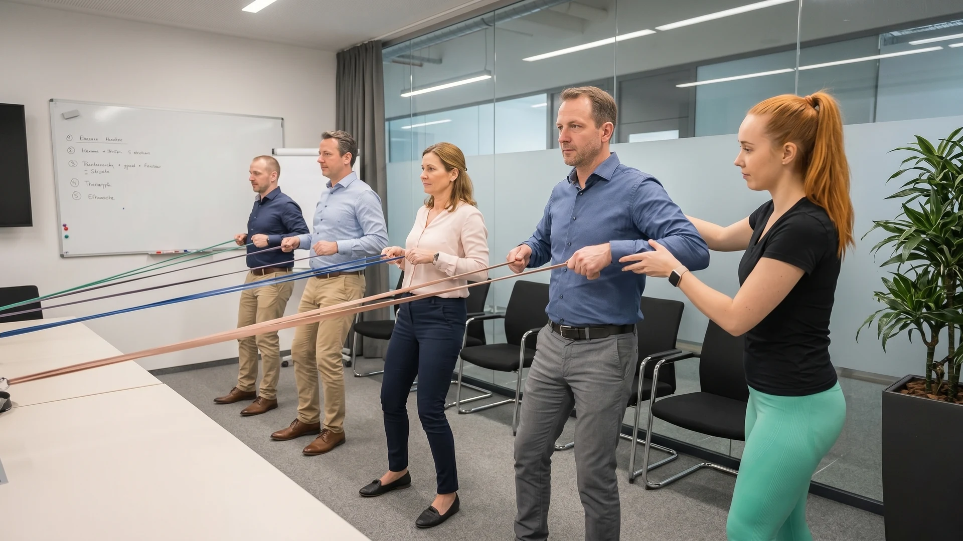 Office Fitness mit Therabändern: Michelle Emminger korrigiert Rudern im Stehen